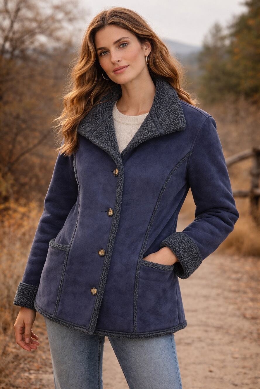 LL Bean Vintage Navy Suede Shearling button down coat M/L